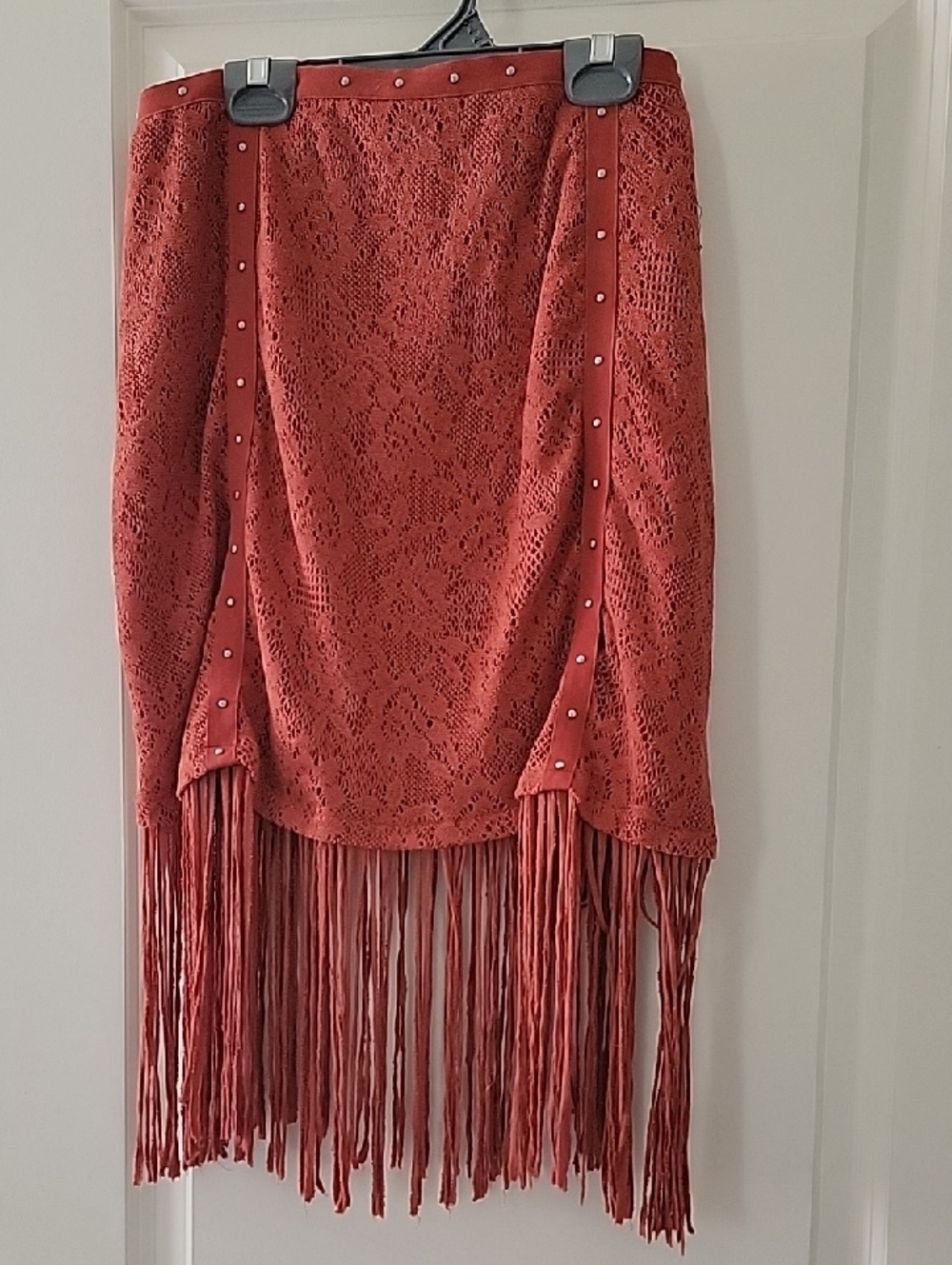 Idyllwind Rust Red Lace Fringe Mini Skirt